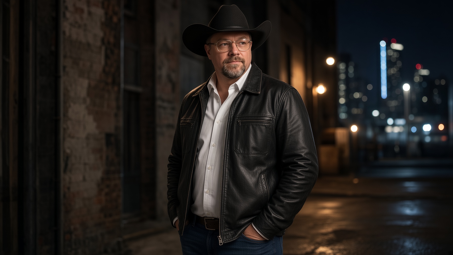 Chad Sanders in a night city alley, leather jacket and white hat, city bokeh